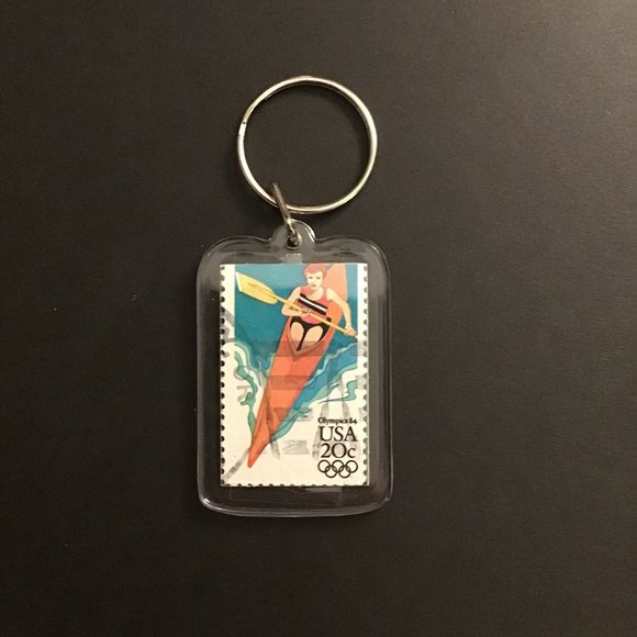Kayak Keychain - Upcycled Recycled Postage Stamp Key Chain - Picture 1 of 9
